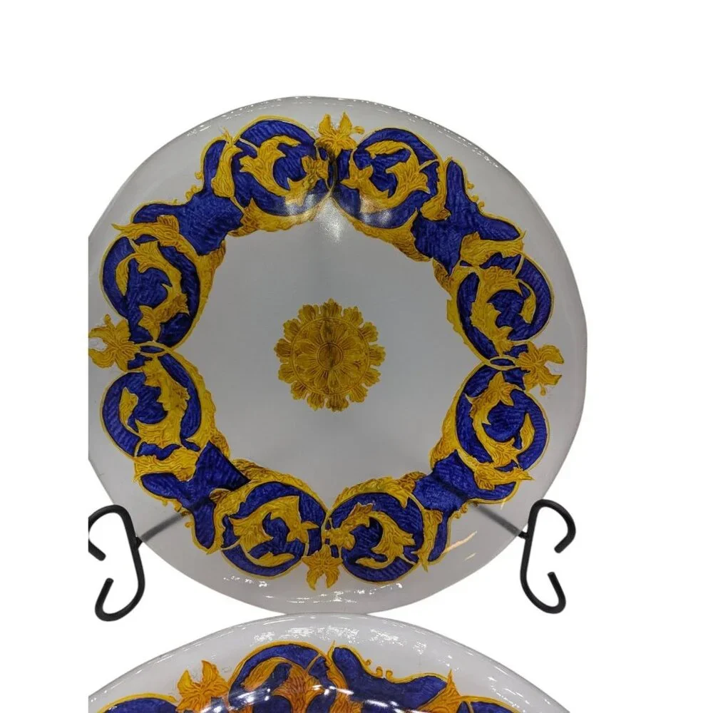 Vintage Singl3 Glass Decorative Plate w Blue Gold Hand Painted Versace Style 14